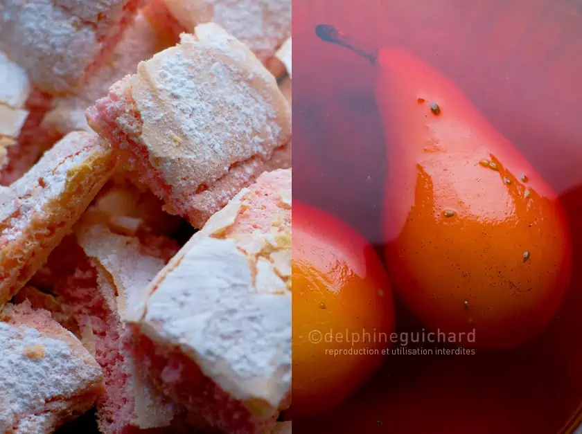 Bavaroise et billes de caramel 2 Biscuits roses de Reims et poires pochées
