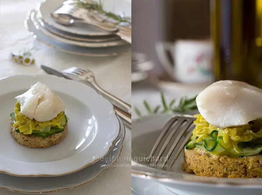 Tarte salée autrement présentée 2 Cabillaud poch, sabl pistache