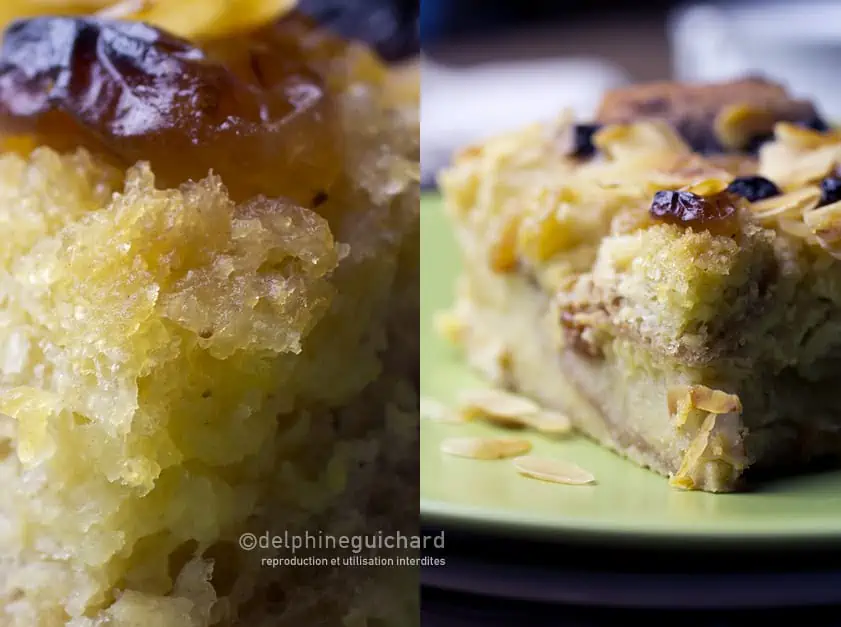Gâteau perdu : pain, pommes, raisins, amandes, moelleux et croustillant !