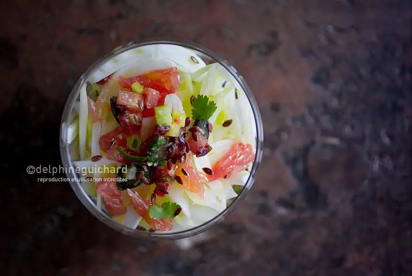 Salade de fenouil, brunoise de légumes marinés aux graines, agrumes et cranberries - Fennel salad with small vegetables marinated in the cumin and the seeds of gourd