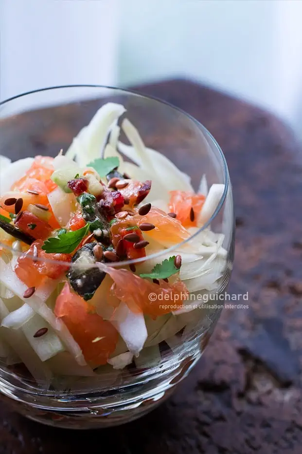 Salade de fenouil, brunoise de légumes marinés aux graines, agrumes et cranberries - Fennel salad with small vegetables marinated in the cumin and the seeds of gourd
