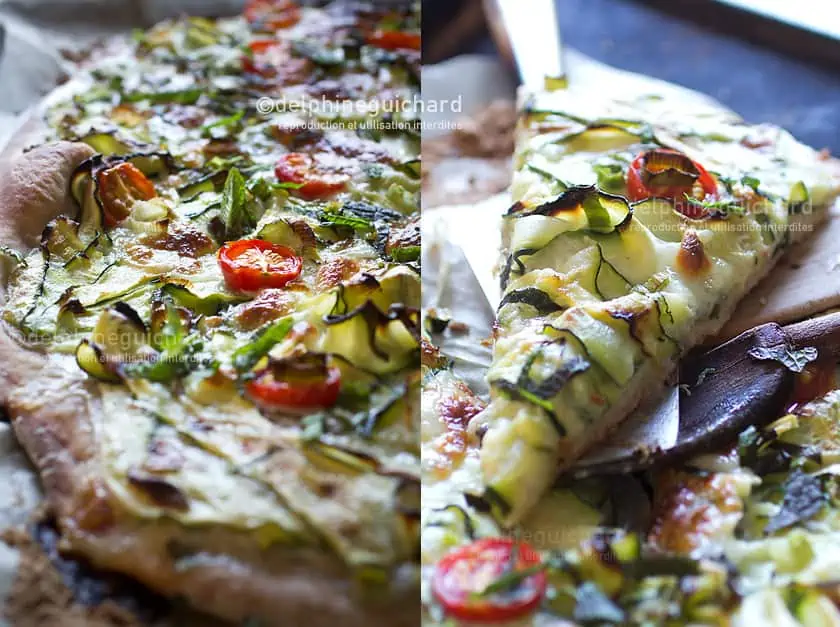 Pizza courgette, mozzarella, menthe : saveurs et subtilité. 4 Une pizza généreusement recouverte de courgettes marinées, mozzarella, tomates pour la pointe de sucré, et agréablement ponctuée de notes de menthe fraîche.