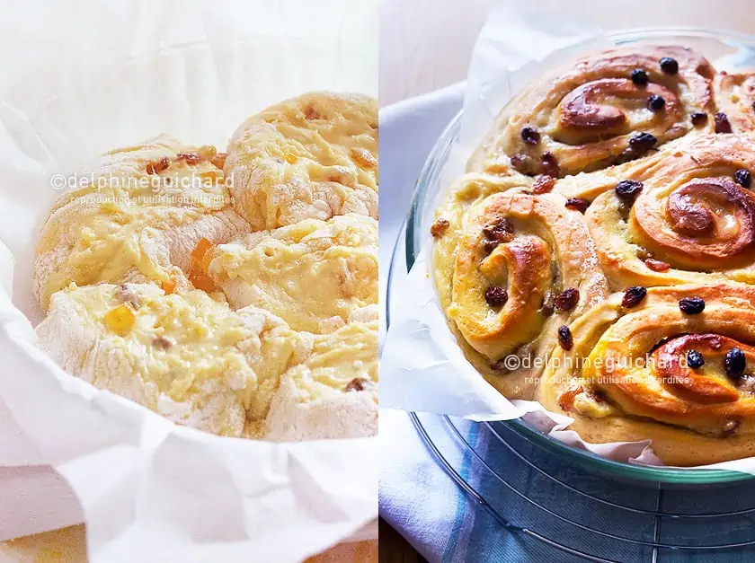 Une jolie brioche gourmande à la crème pâtissière et aux raisins, en version végétalienne